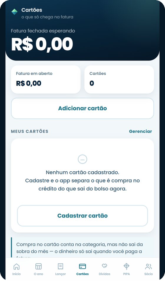 Tela de cartões na PIPA, com a fatura em formação